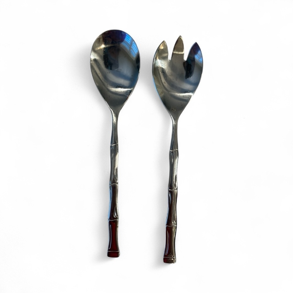 2 Piece Salad Set Bamboo Mid Century Stainless Steel Korea 9"